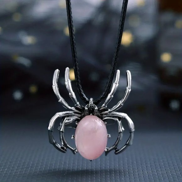Rose Quartz Stone Spider Brooch Pendant Necklace Healing Gemstone Pendant - Picture 3 of 3